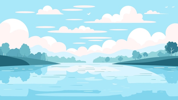 Cartoon landscape river bay water surface river banks with trees Cozy place background vector