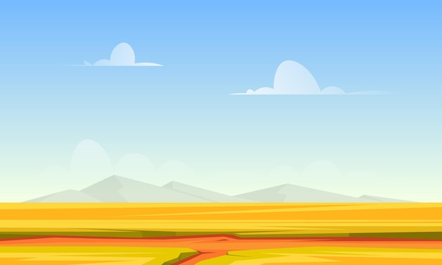 Cartoon landscape summer green fields view spring lawn hill and blue sky