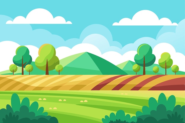 Cartoon Landscape with Green Fields Trees and Mountains