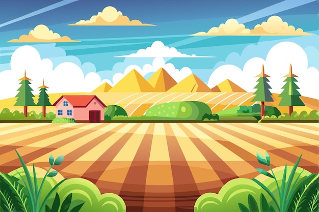 Vector cartoon landscape with a house farmland and mountains