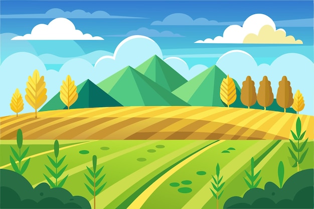 Cartoon Landscape with Mountains Fields and Trees