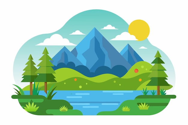 A Cartoon Landscape with Mountains Trees and a River