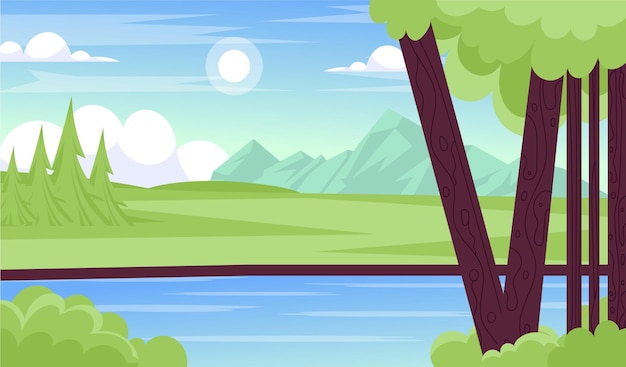 A cartoon landscape with a river and mountains in the background.