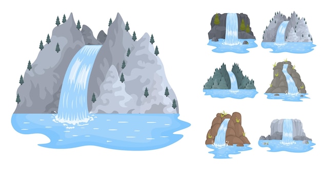 Cartoon landscapes with mountains and trees picturesque tourist attraction with small waterfall