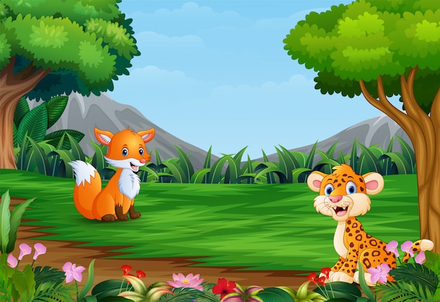 Cartoon of leopard and a fox playing in the jungle