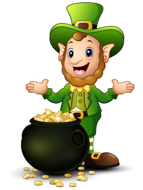 Cartoon Leprechaun with a pot of gold coins