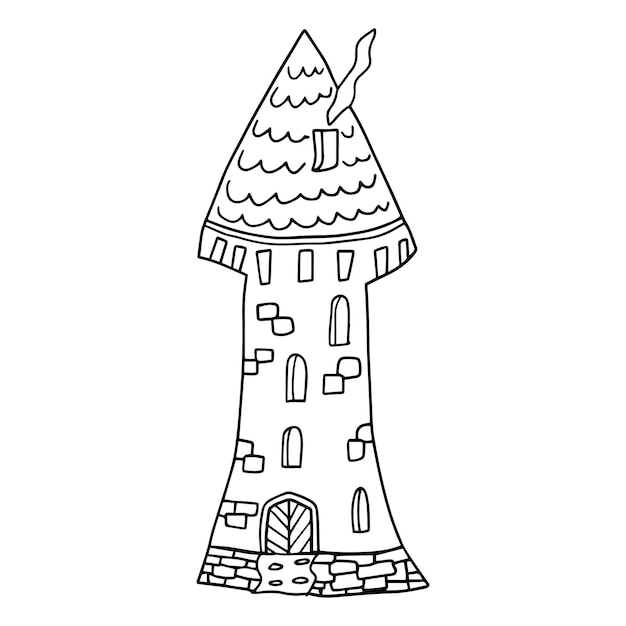 Cartoon linear doodle medieval castle or tower with red roof isolated on white background.