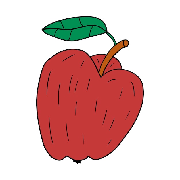 Cartoon linear doodle retro apple with leaf isolated on white background