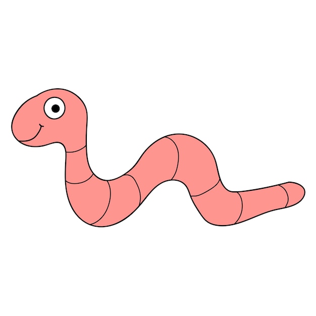 Cartoon linear doodle retro happy worm isolated on white background