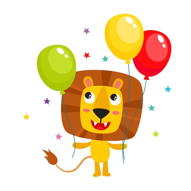 cartoon lion isolated on white, cute and funny animals character with balloons for birthday 