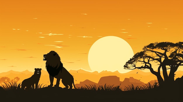 Vector a cartoon of a lion and a lion on a sunset background