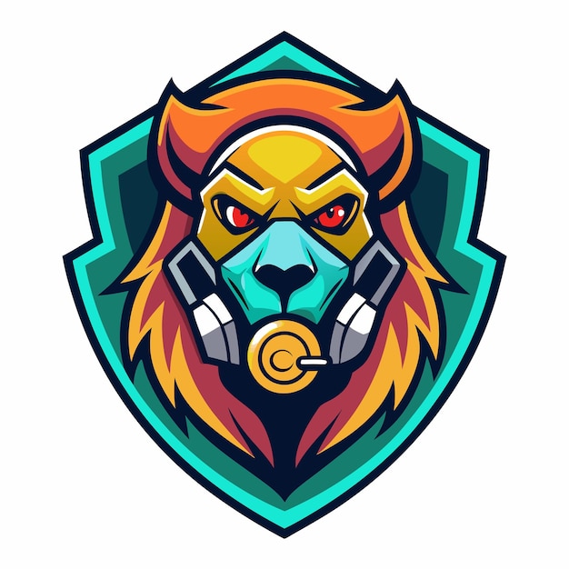 Vector a cartoon lion39s face in a blue medical mask and headphones inside a green shield