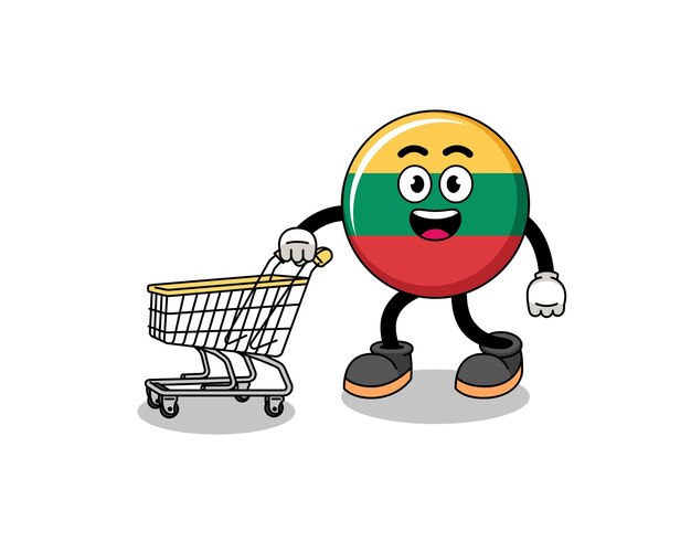 Cartoon of lithuania flag holding a shopping trolley