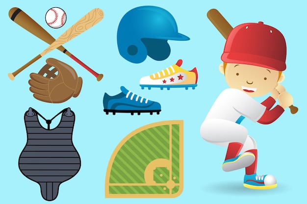 Cartoon little baseball player with baseball equipment