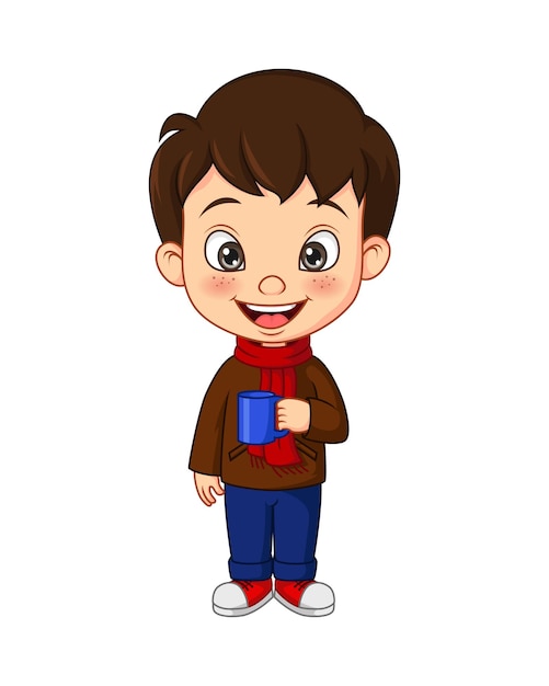 Cartoon little boy in autumn clothes holding cup