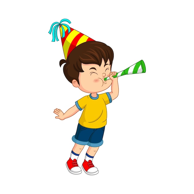 Cartoon little boy blowing a paper trumpet