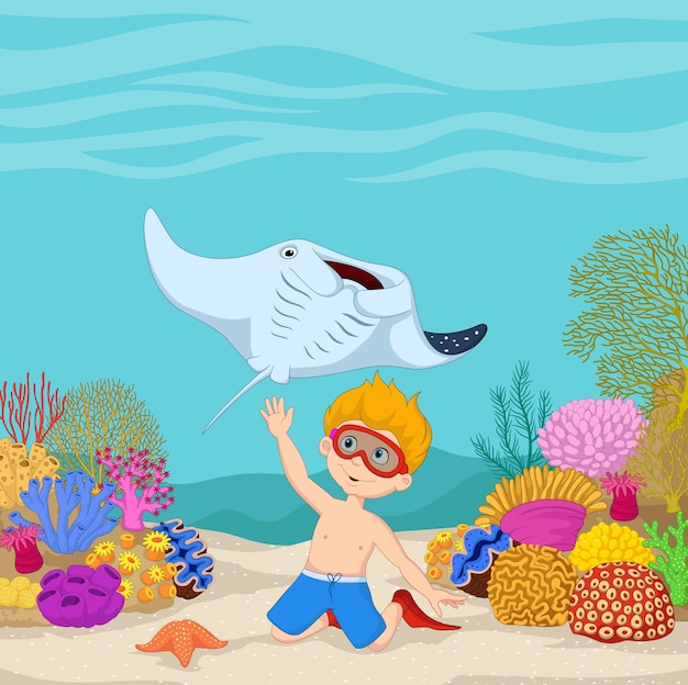 Cartoon little boy diving in underwater tropical sea