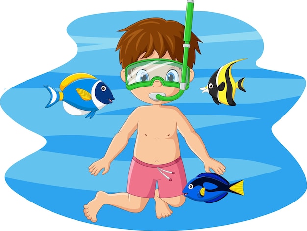 Cartoon little boy diving in underwater with tropical fish