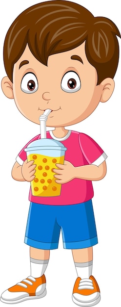 Cartoon little boy drink bubble milk tea