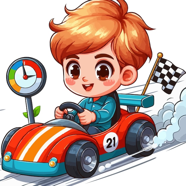 Vector cartoon little boy driving racing car