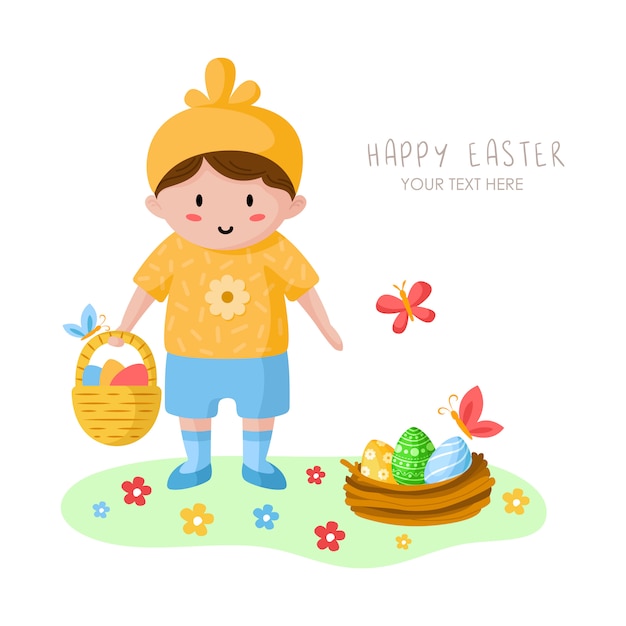 Cartoon little boy on Easter Day, happy kid in holiday chicken costume, flowers, butterfly and bird nest