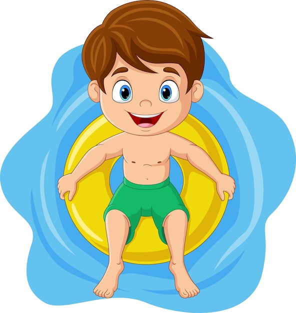 Cartoon little boy floating with inflatable ring