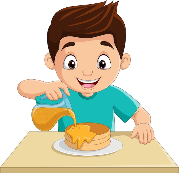 Cartoon little boy flowing maple syrup on pancakes