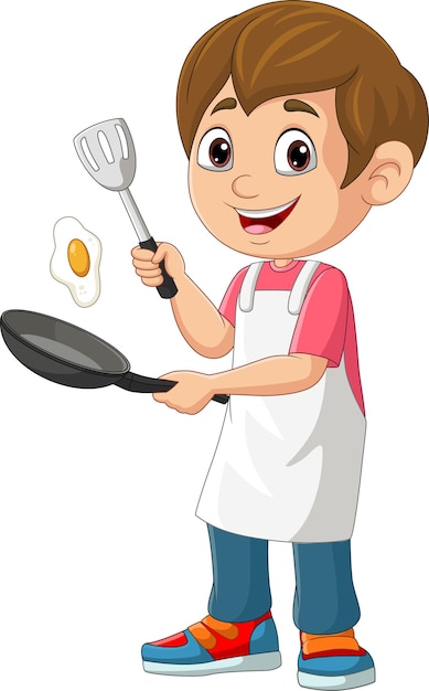 Cartoon little boy frying egg