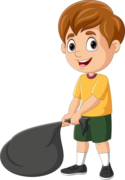 Cartoon little boy holding black plastic bag