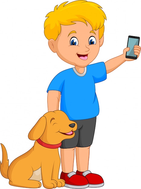 Cartoon little boy holding a mobile phone with his pet dog