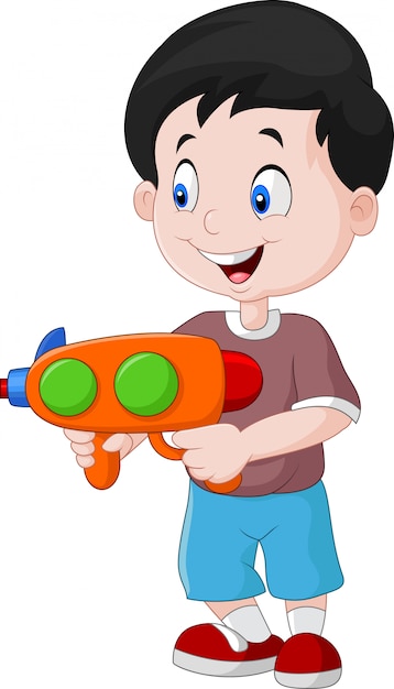 Cartoon little boy holding water gun