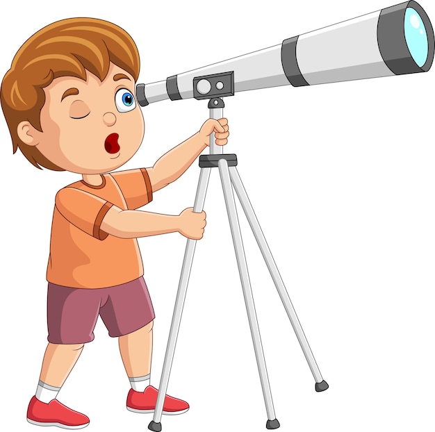 Cartoon little boy looking through a telescope