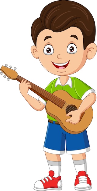 Cartoon little boy playing a guitar