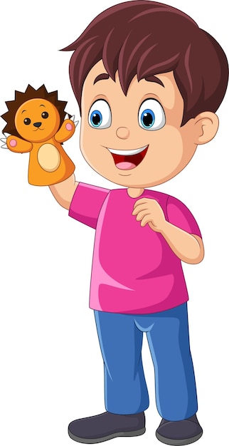 Cartoon little boy playing lion puppet