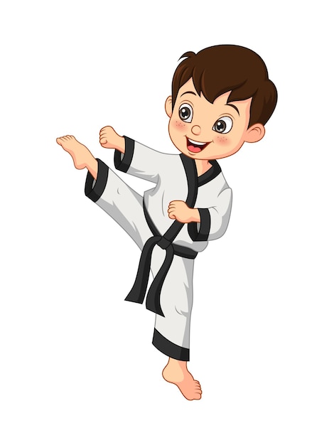 Cartoon little boy practicing karate