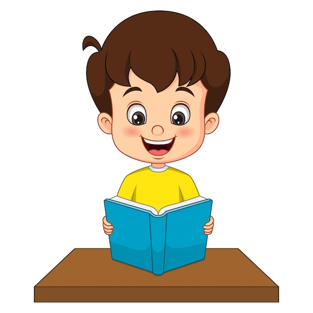 Cartoon little boy reading a book on the desk