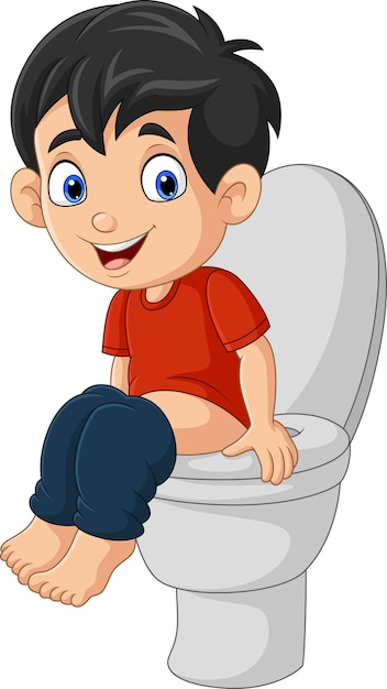 Vector cartoon little boy sitting on a toilet bowl