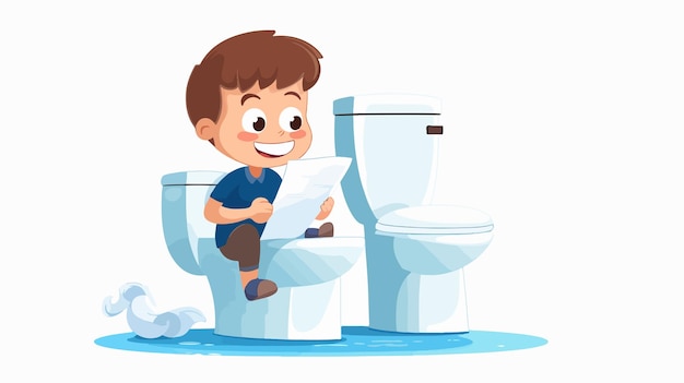 Vector a cartoon of a little boy sitting on a toilet reading a book