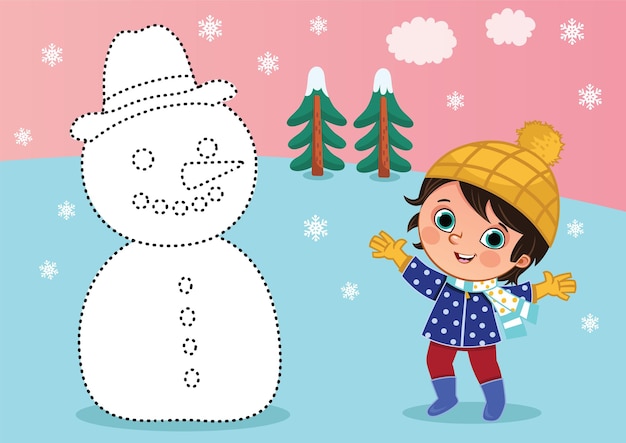 Cartoon little boy and a snowman Dot to dot educational game for kids Vector illustration