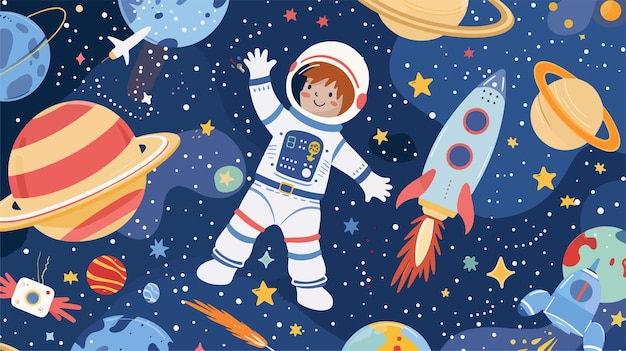 a cartoon of a little boy in space with a space suit on the wall