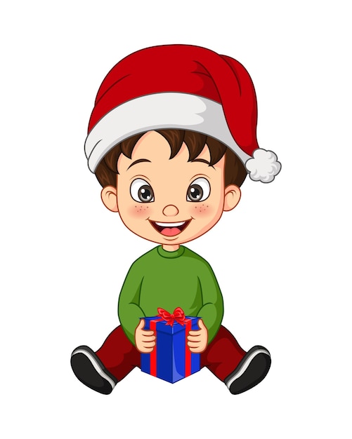 Cartoon little boy wearing christmas costume holding a gift