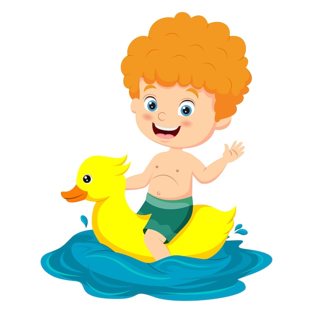 Cartoon little boy with inflatable rubber duck