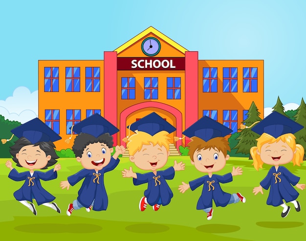 Cartoon little children celebrate their graduation