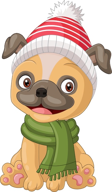 Cartoon little dog wearing hat and scarf