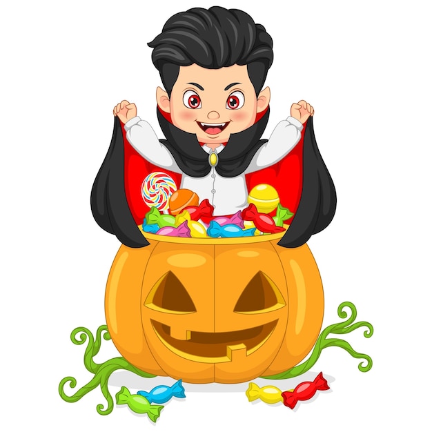 Cartoon little dracula with basket of candies