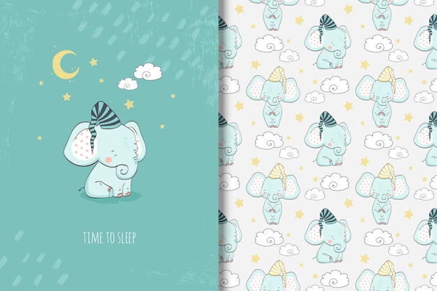 Cartoon little elephant card and seamless pattern