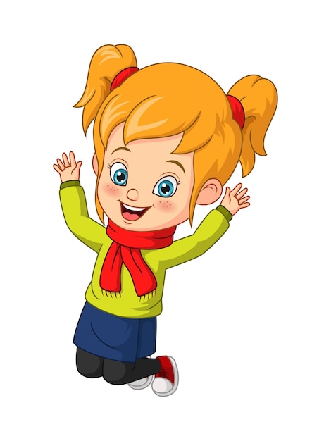 Cartoon little girl in autumn clothes jumping