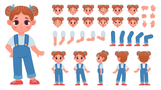 Cartoon little girl character constructor with gestures and emotions. Child mascot side and front view, body parts for animation vector set. Illustration of character girl pose and gesture