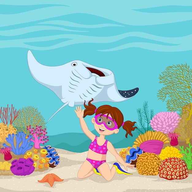 Cartoon little girl diving in underwater tropical sea