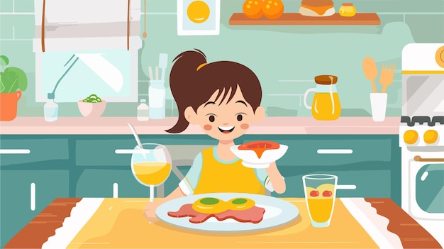 a cartoon of a little girl eating a meal with juice and juice